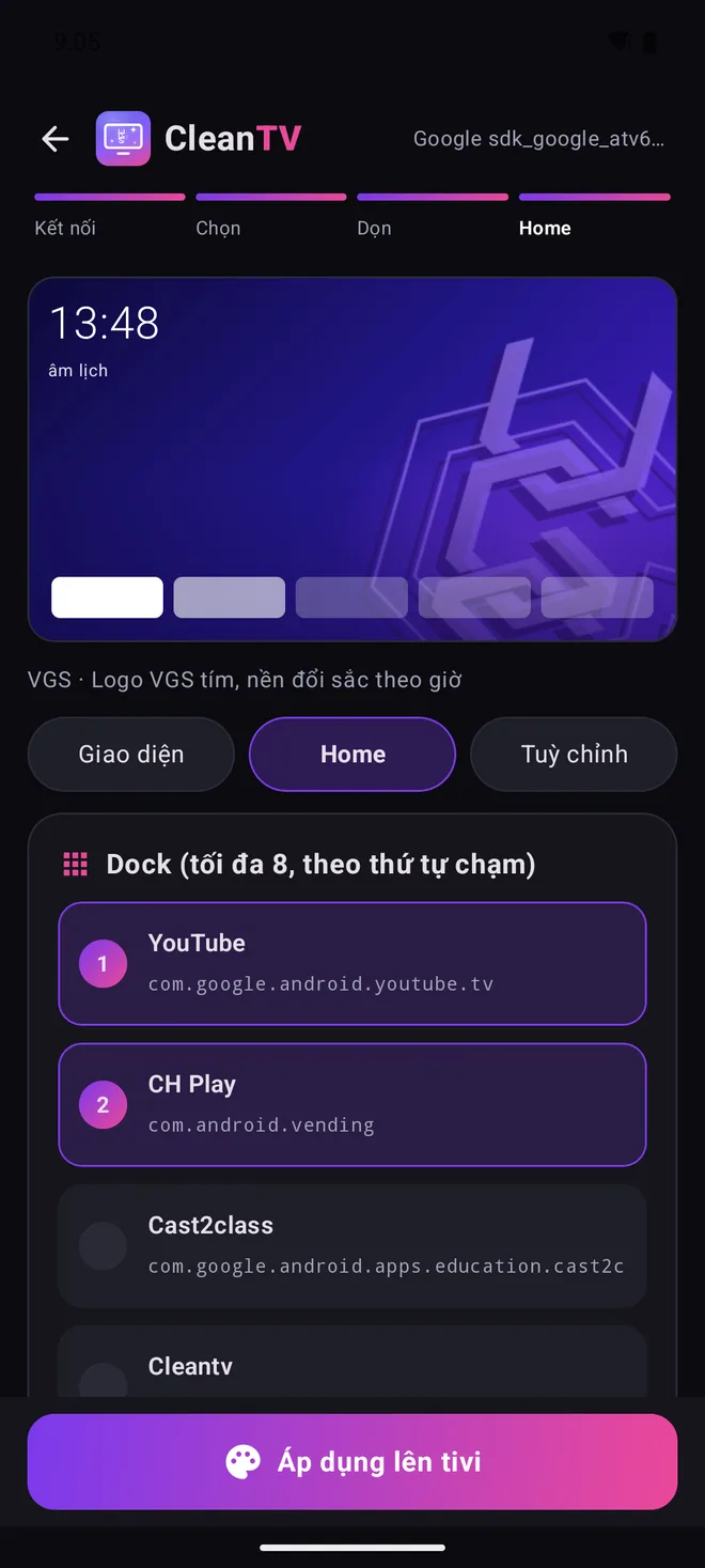 Màn Home của CleanTV: Dock, thời tiết theo xã, lời chào, lịch âm
