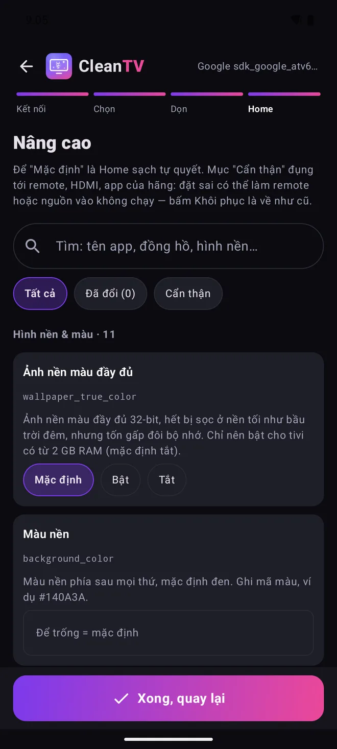Màn Nâng cao của CleanTV: 65 tuỳ chọn, có ô tìm, lọc mục đã đổi và nhãn Cẩn thận