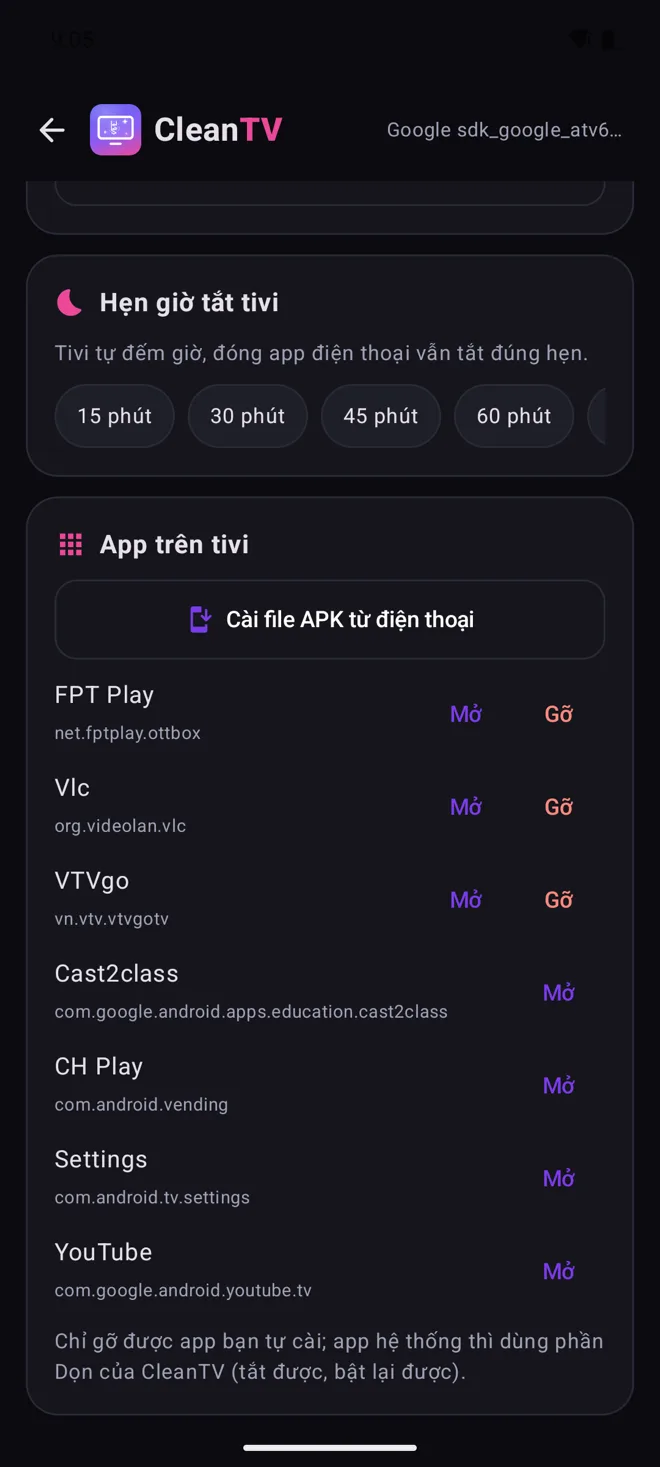 Hẹn giờ tắt tivi 15 tới 120 phút và danh sách app trên tivi với nút Mở, Gỡ, cài APK từ điện thoại