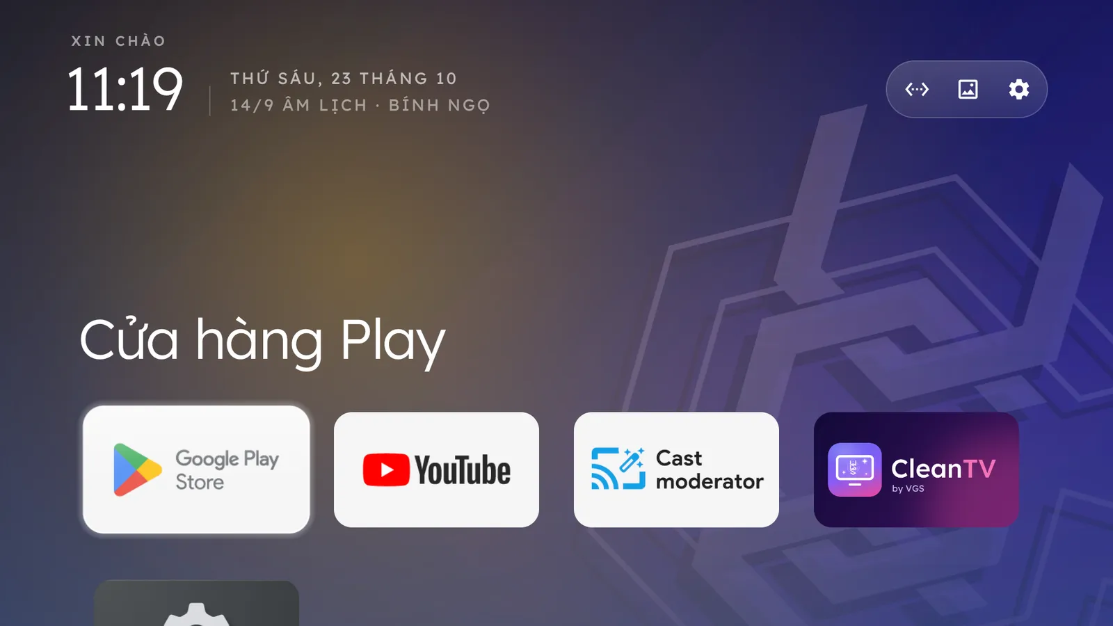 Home sạch theme VGS: đồng hồ, ngày dương, 14/9 âm lịch Bính Ngọ, cụm nút, dock app