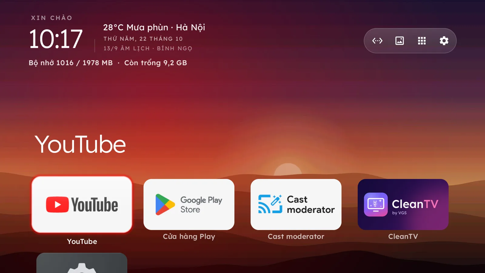 Home sạch có ô CleanTV để mở lại app